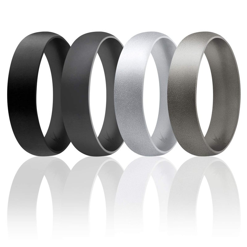 ROQ Silicone Rubber Wedding Ring for Men & Women, Men & Women's Wedding Band, Breathable Rubber Engagement Band, 6mm Wide 2mm Thick, Dome Solid Thin, 4 Pack, Black, Grey, Silver, Platinum, Size 9 - Image 1